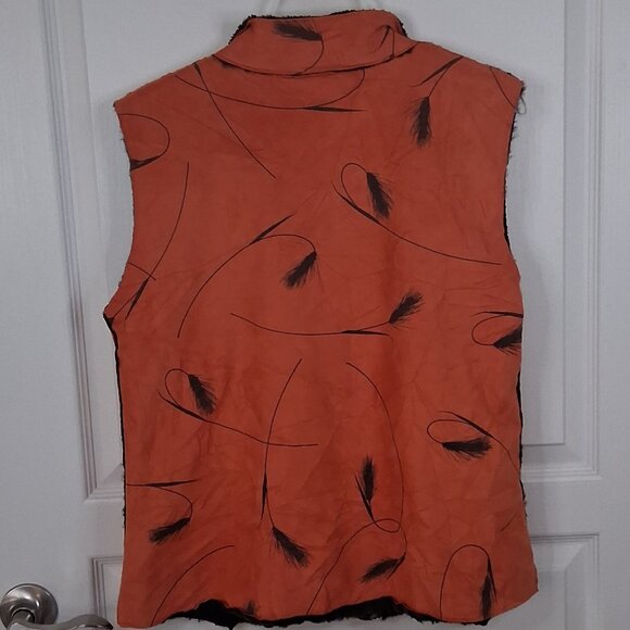 Robert Kitchen Women’s Orange Feather Print Vest Large Zip Front - Picture 4 of 5